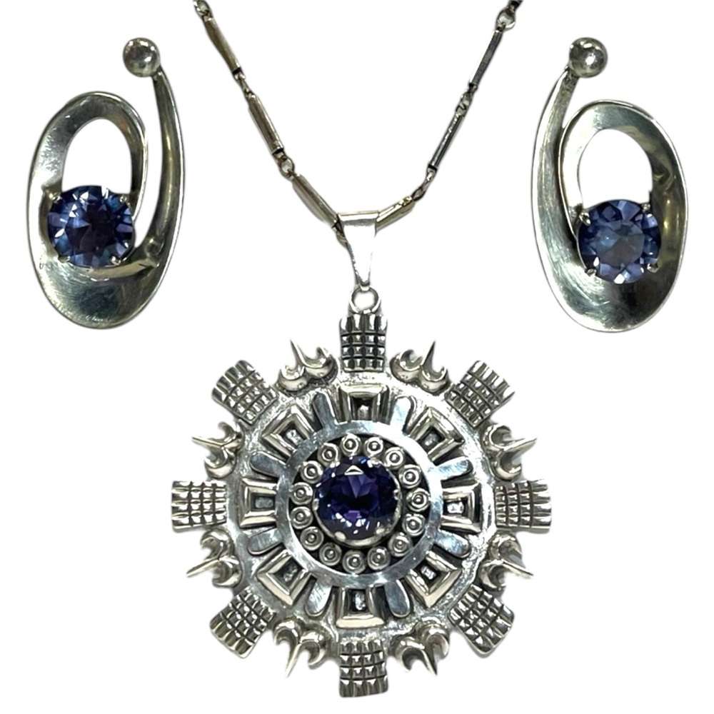Vintage Mexican Sterling Silver Necklace Pendant Earring Set Alexandrite 82.2g